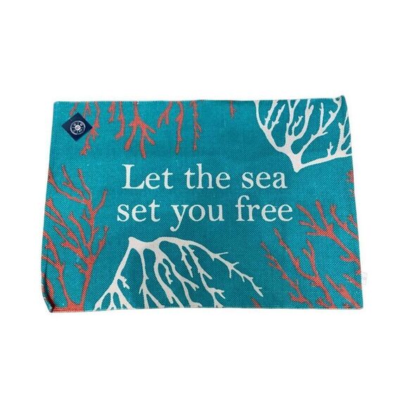 Let the Sea Set You Free Dhurrie Heavyweight Cotton Mat , Teal Coral 36x24 - Picture 1 of 2